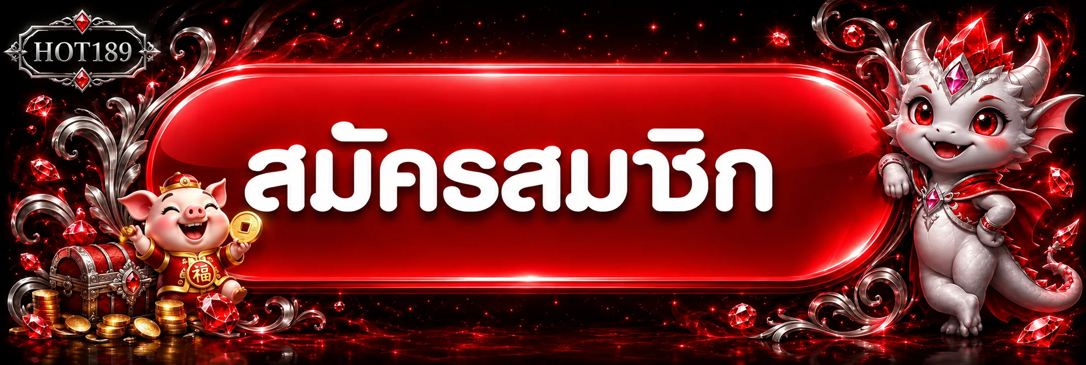 แบนเนอร์สมัครสมาชิก HOT189 พร้อมมาสคอตสีแดง
